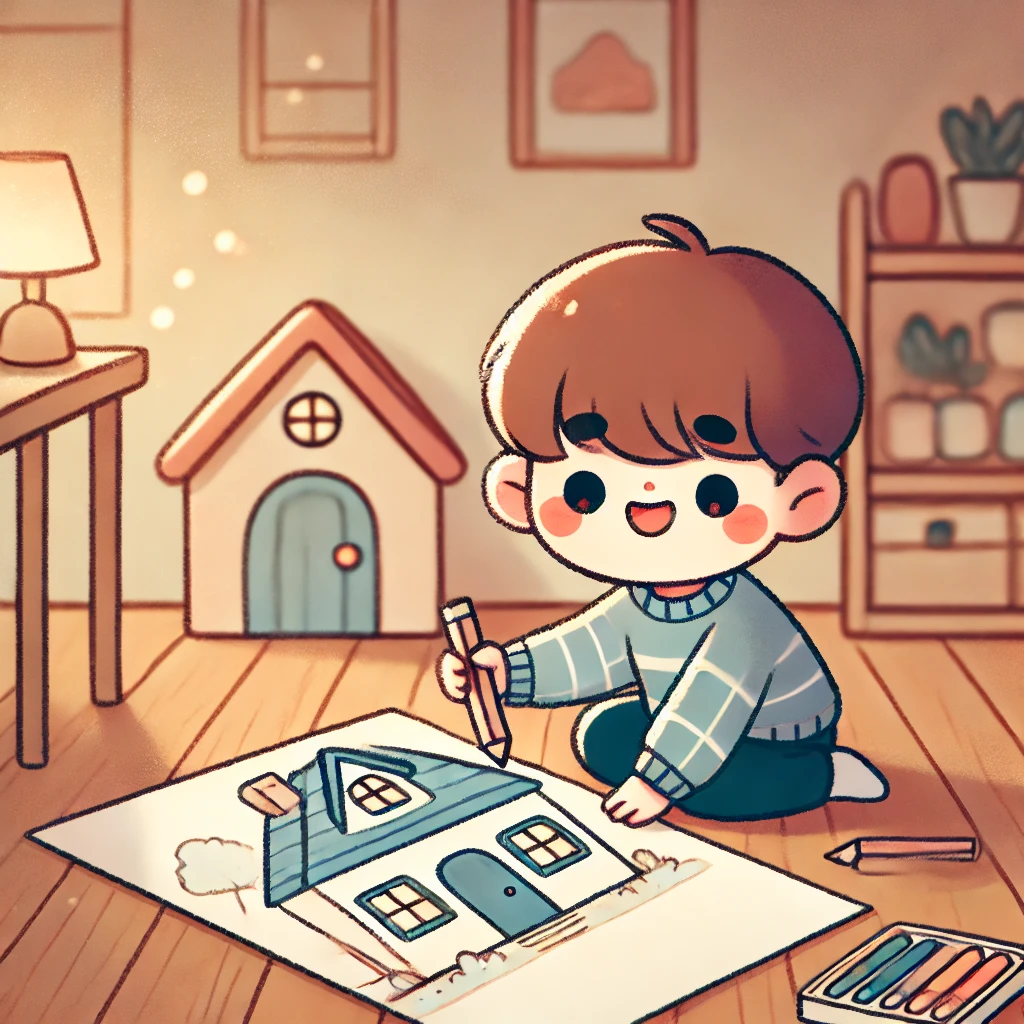 DALL·E 2025-03-02 09.11.05 - A cute illustration of a child drawing a picture of a house. The child is sitting on the floor with colored pencils, happily sketching a simple house