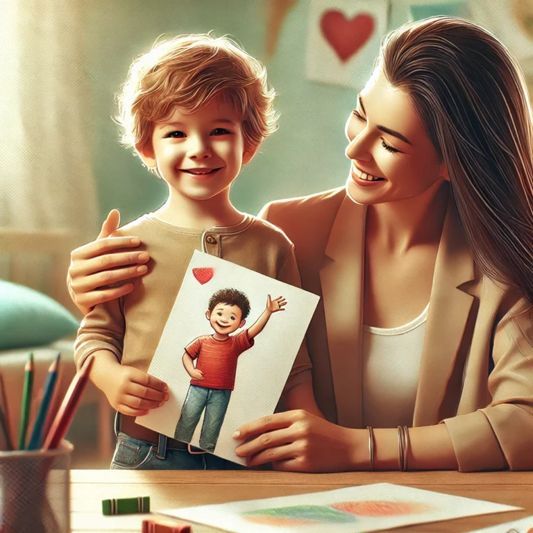 DALL·E 2025-03-02 10.26.01 - A realistic illustration of a child being praised for their drawing. The child looks happy and proud, holding up their artwork while an adult or teach