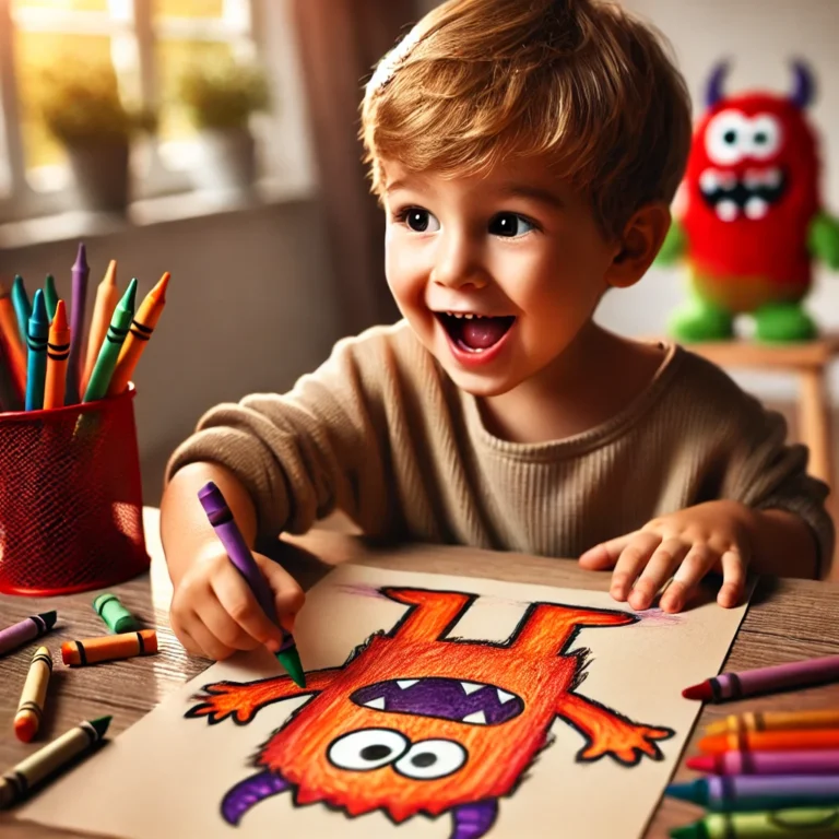 DALL·E 2025-03-02 11.04.47 - A young child drawing a monster with crayons. The child is sitting at a small table, focused and excited, with a colorful sketch of a friendly yet sli