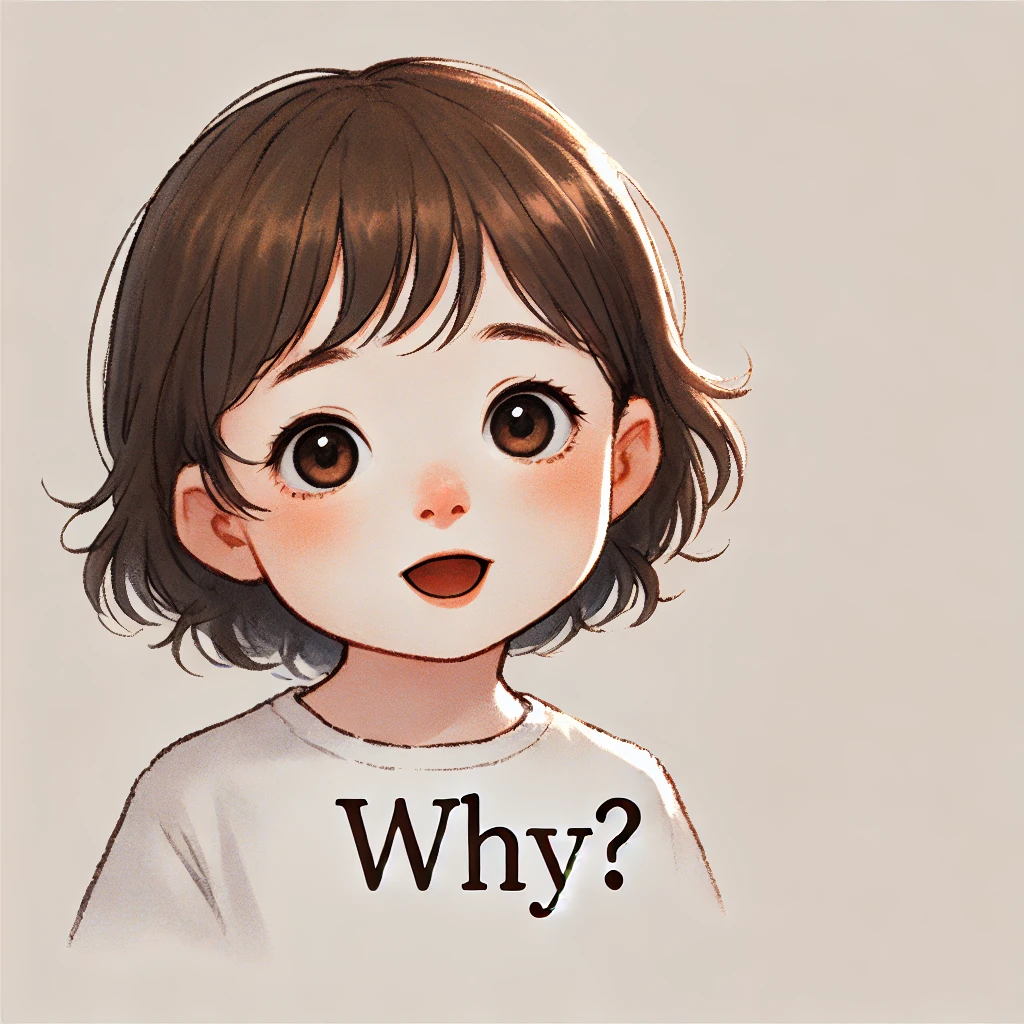 DALL·E 2025-03-02 12.24.03 - A semi-realistic illustration of a curious child eagerly asking _Why__ with a soft and gentle expression. The child has bright, expressive eyes but wi