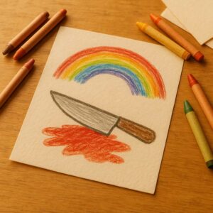 子どもが描いた絵、包丁、虹、血