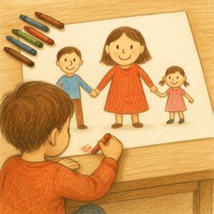 お母さんが大きい子どもの描いた絵