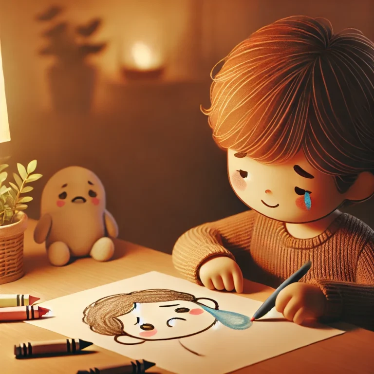 DALL·E 2025-02-27 11.52.21 - A digital illustration of a young child drawing a picture of a crying friend. The child is sitting at a table with crayons and paper, carefully sketch