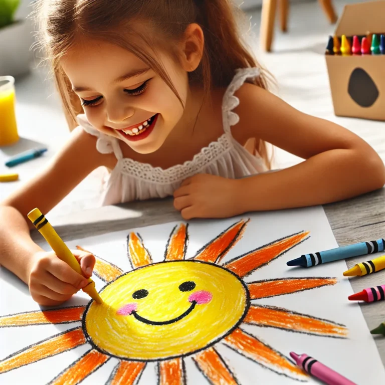 DALL·E 2025-02-28 21.51.13 - A cheerful child drawing a big sun in the center of their artwork. The child is smiling brightly, using yellow and orange crayons to create a warm and