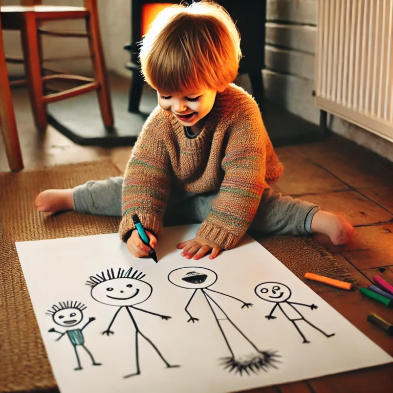 DALL·E 2025-02-28 23.25.00 - A 4-year-old child drawing a 'tadpole person' (head-footed figure) with crayons on a large sheet of paper. The child is happily focused, sitting on th