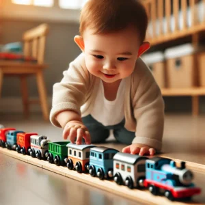 電車のおもちゃは走らせません。並べるだけです。