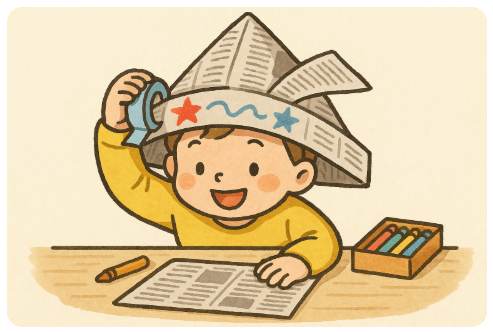 新聞紙で作る大きな帽子遊び