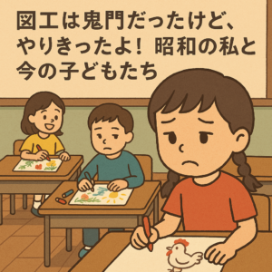 端に「にわとりの絵」を描こうとする小1の私風の子ども(ちょっと困った顔)