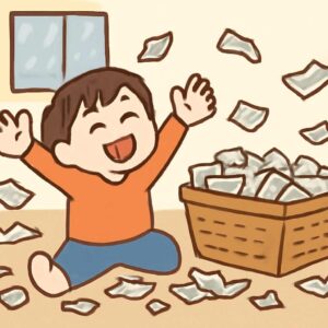 新聞紙びりびり遊び雨の日にもってこいの遊び