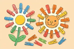 カラフルな洗濯バサミと紙皿で「お花」や「ライオンのたてがみ」づくり。