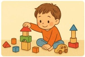 木のおもちゃで遊ぶ子供