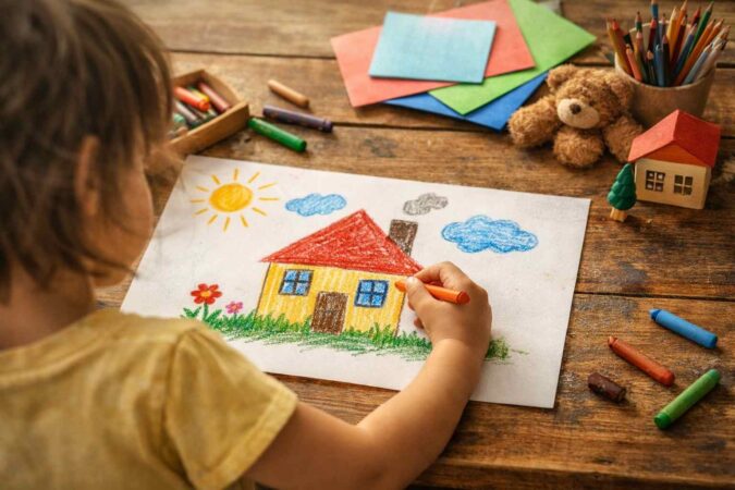 おうちの絵を描くこども