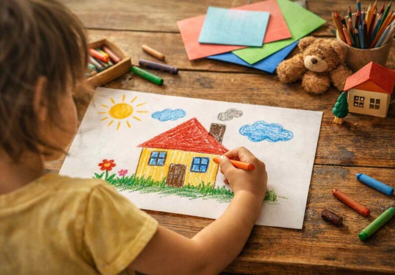 おうちの絵を描くこども