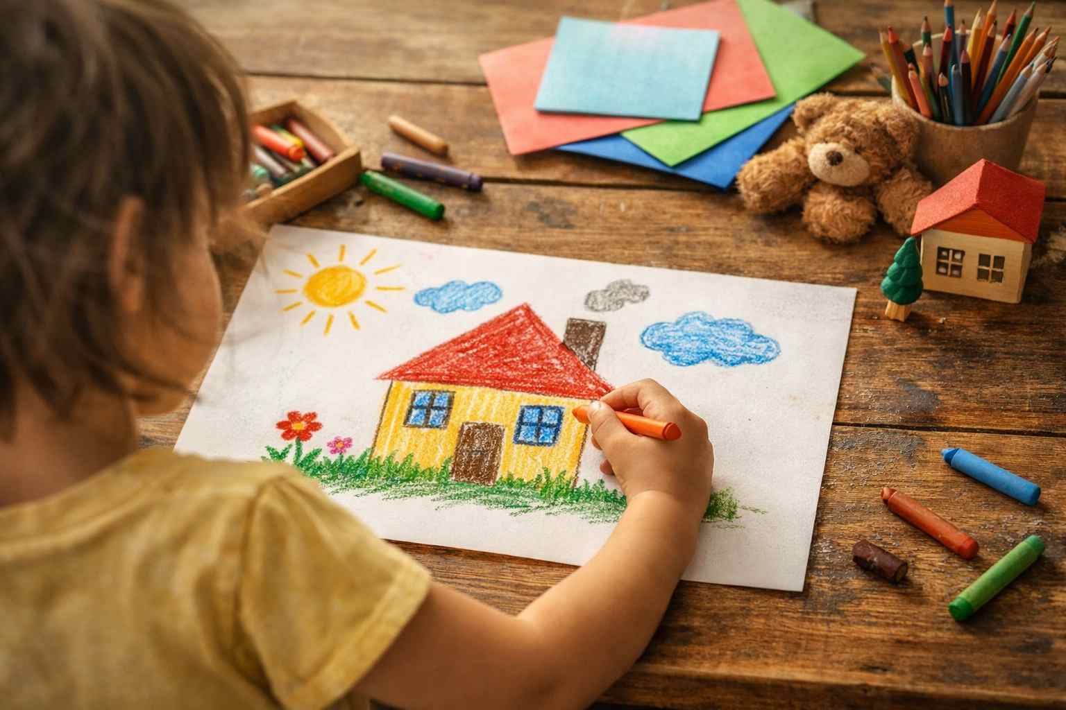 おうちの絵を描くこども