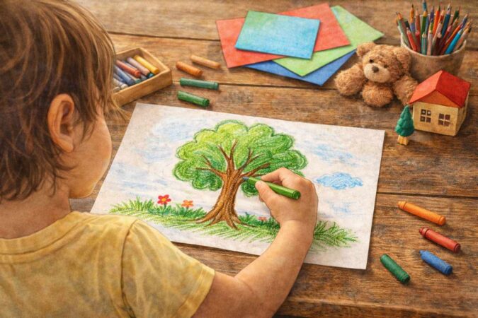 木の絵をかくこども