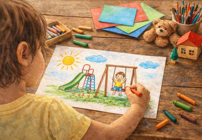 公園で遊んでいる絵を描くこども