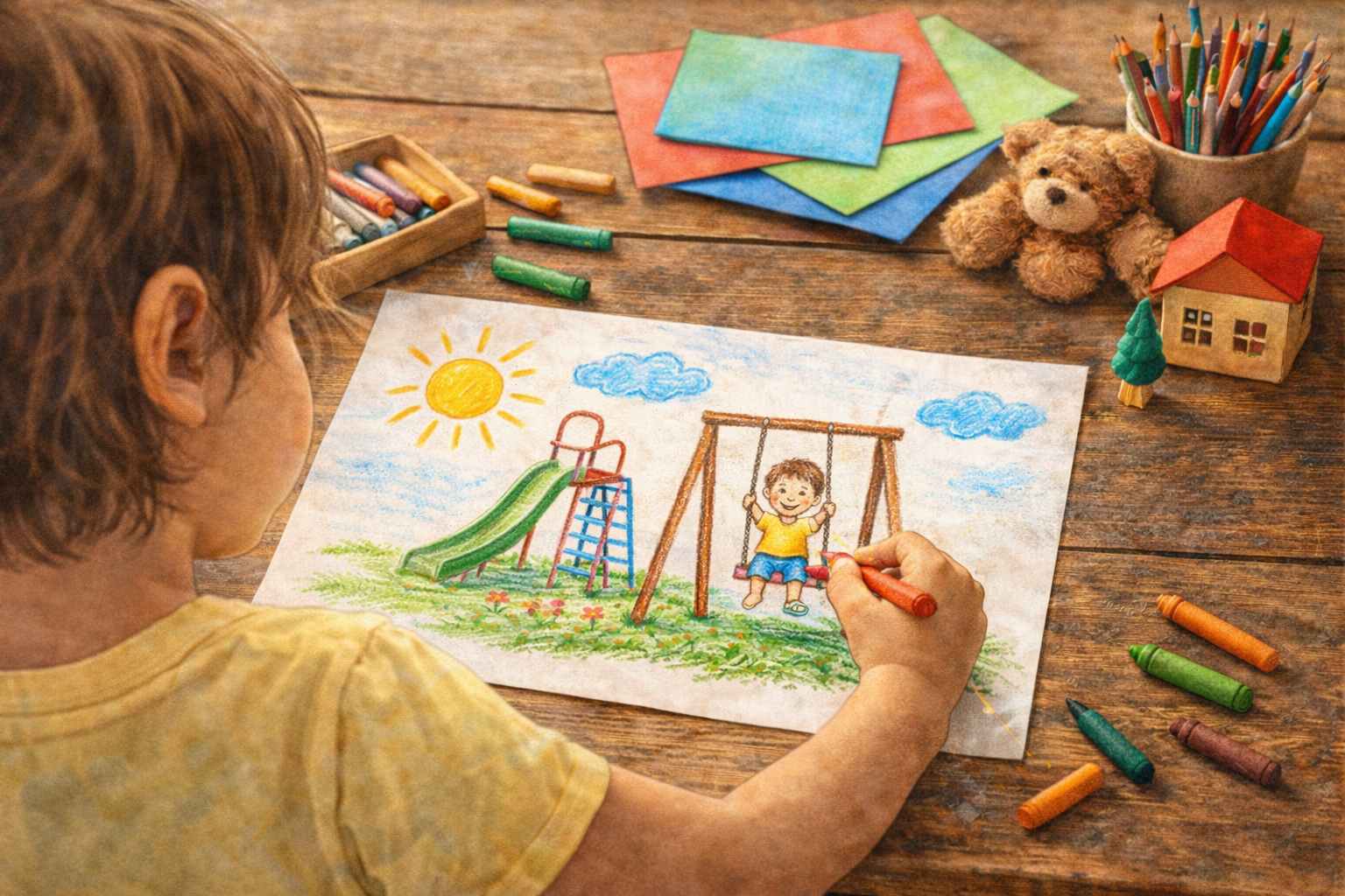 公園で遊んでいる絵を描くこども