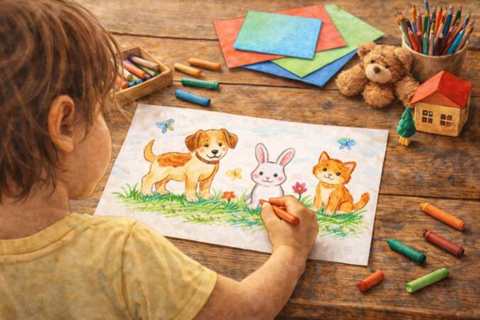 動物の絵をかくこども