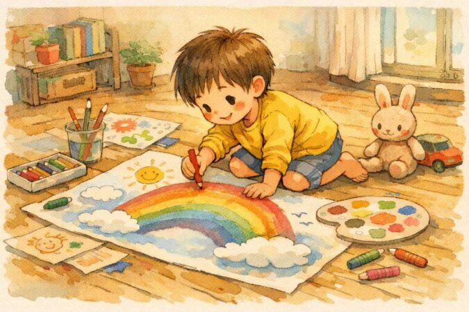 虹の絵を描くこども