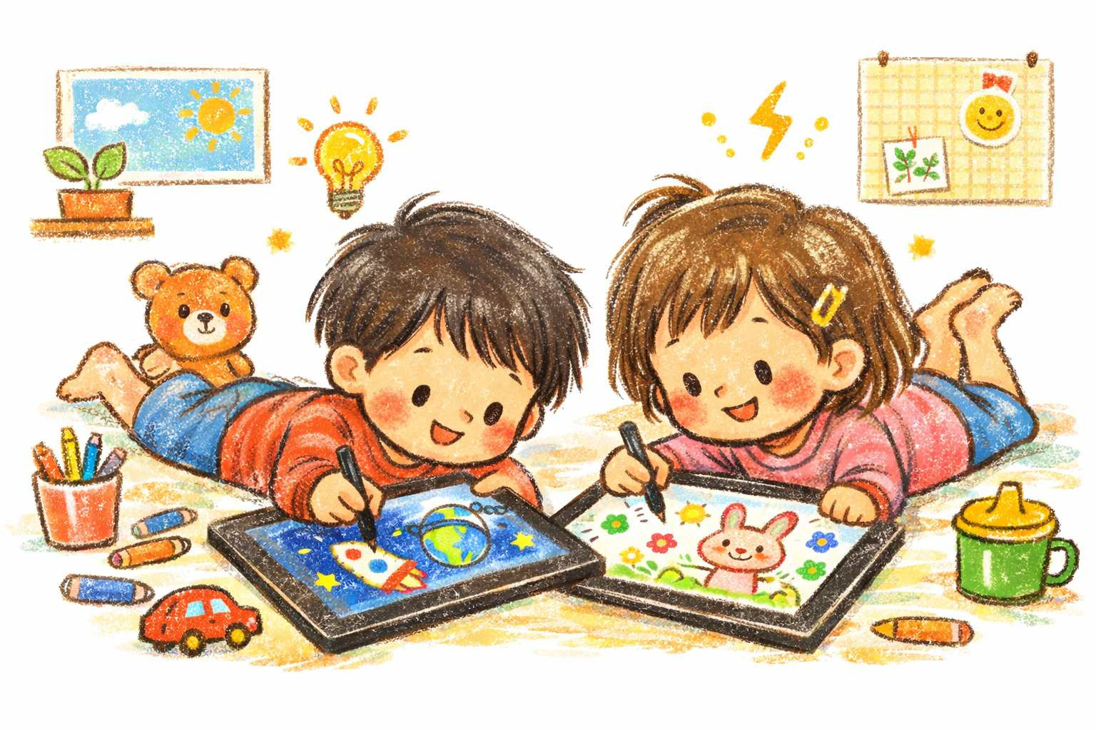 タブレットでお絵描きを楽しむ子ども