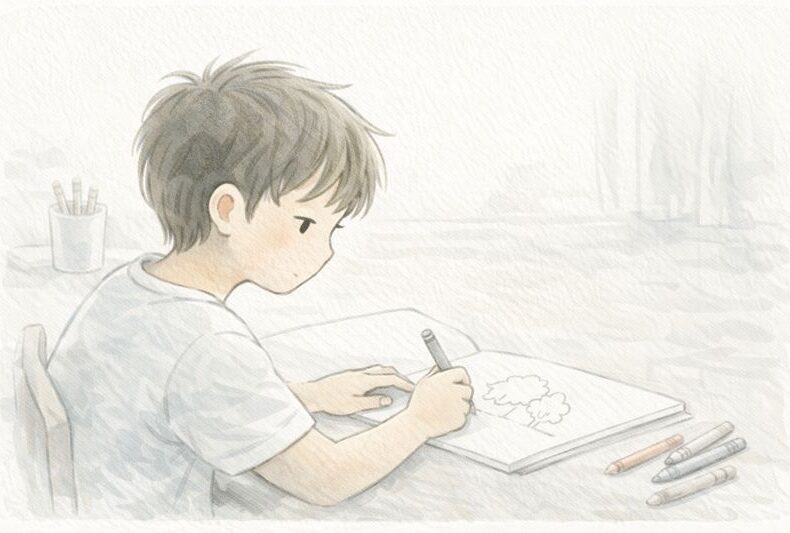 表情がない絵を描くこども