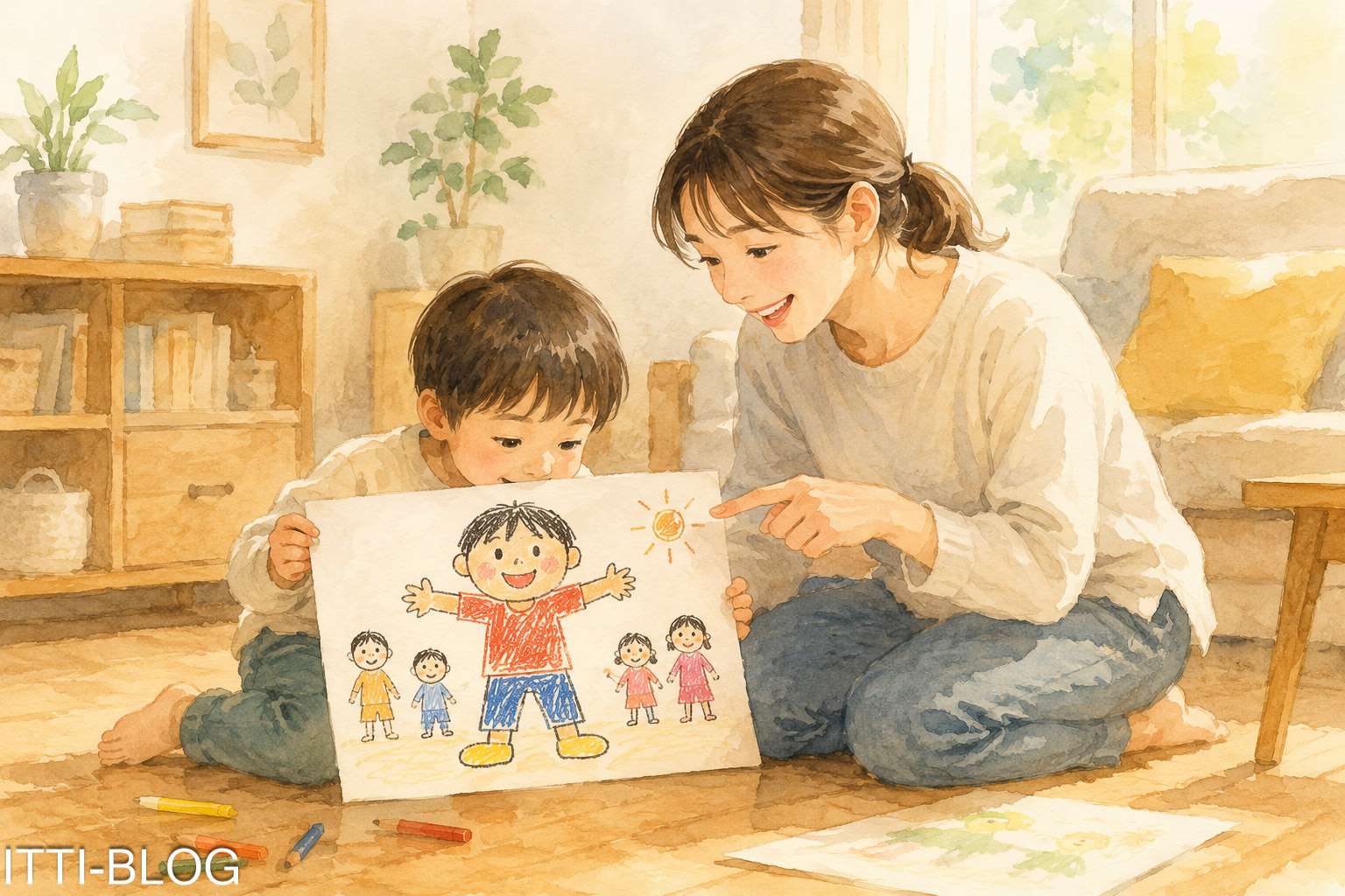 子どもの絵を一緒に見て笑顔で話す親子のイメージ